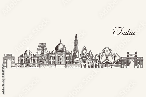 India detailed skyline. India famous landmarks in sketch style. Vector illustration