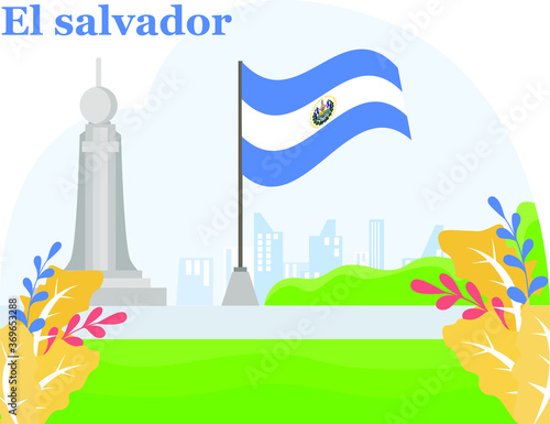 El Salvador Independence Day vector concept: Monumento al Divino Salvador del Mundo besides El Salvador national flag at the hills