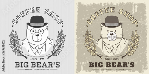 Retro logo with big bear gentleman, laurel wreath. Coffee shop