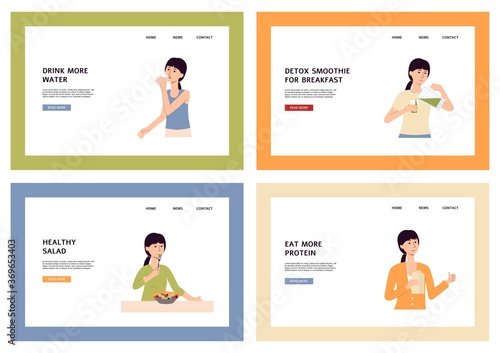 Web banners set for healthy dieting and detox program flat vector illustration.