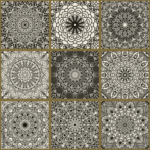 Collection of 9 tiles with mandalas. Seamless  patchwork from Azulejo tiles in black and beige. Portuguese and Spain decor. Islam, Arabic, Indian, Ottoman motif. Vector Hand drawn background