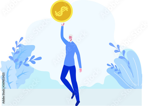 Retirement financial plan vector concept: old man with an US Dollar coin