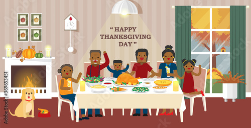 Illustration vector flat cartoon of  family reunion Thanksgiving dinner table setting at home with fireplace in dinning room