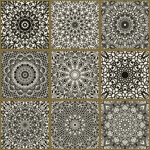 Collection of 9 tiles with mandalas. Seamless  patchwork from Azulejo tiles in black and beige. Portuguese and Spain decor. Islam, Arabic, Indian, Ottoman motif. Vector Hand drawn background