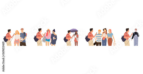 Journalists of news channels and radio stations are take interviewed. Characters interviewer and people. Vector illustration in flat cartoon style.