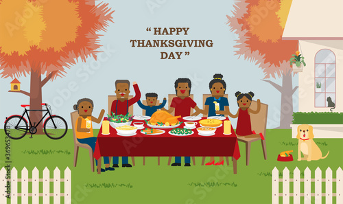 illustration vector flat cartoon of happy thanksgiving dinner table  with african family as concept.