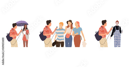 Journalists of news channels and radio stations are take interviewed. Characters interviewer and people. Vector illustration in flat cartoon style.