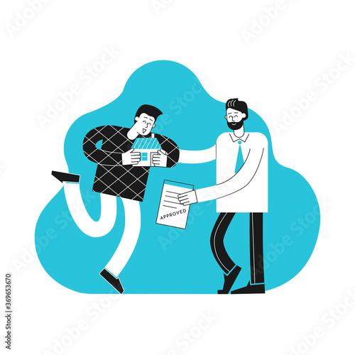 Vector flat illustration. Cartoon customer holds home, mortgage broker gives him accepted contract after bank aprroved loan to buy home. Successful deal. Happy young morgagor. Minimalistic concept