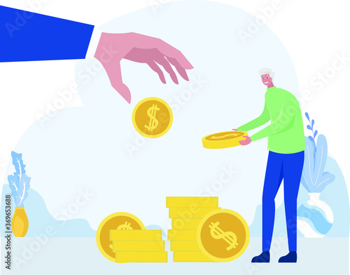 Retirement financial planning  vector concept: an elderly arranging and stacking coins given by a huge hand