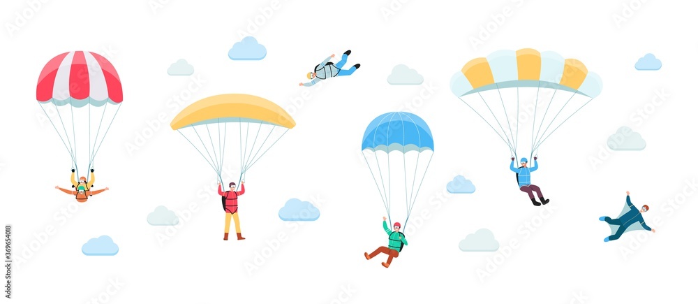 Fototapeta premium People planing on parachute in clouds, flat vector illustration isolated.
