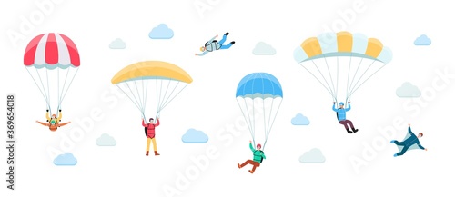 People planing on parachute in clouds, flat vector illustration isolated.