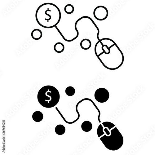 Pay per click vector icon set. ppc with mouse and coin vector icon set.