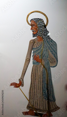 wayang kulit in the shape of jesusJakarta / Indonesia - 25 July 2020. Wayang kulit in the shape of Jesus is one of the collections of Jakarta's wayang museum.