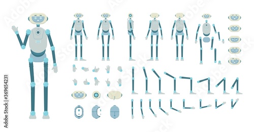Robot android characters parts animation kit, flat vector illustration isolated.