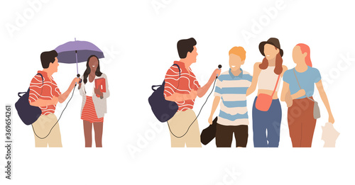 Journalists of news channels and radio stations are take interviewed. Characters interviewer and people. Vector illustration in flat cartoon style.