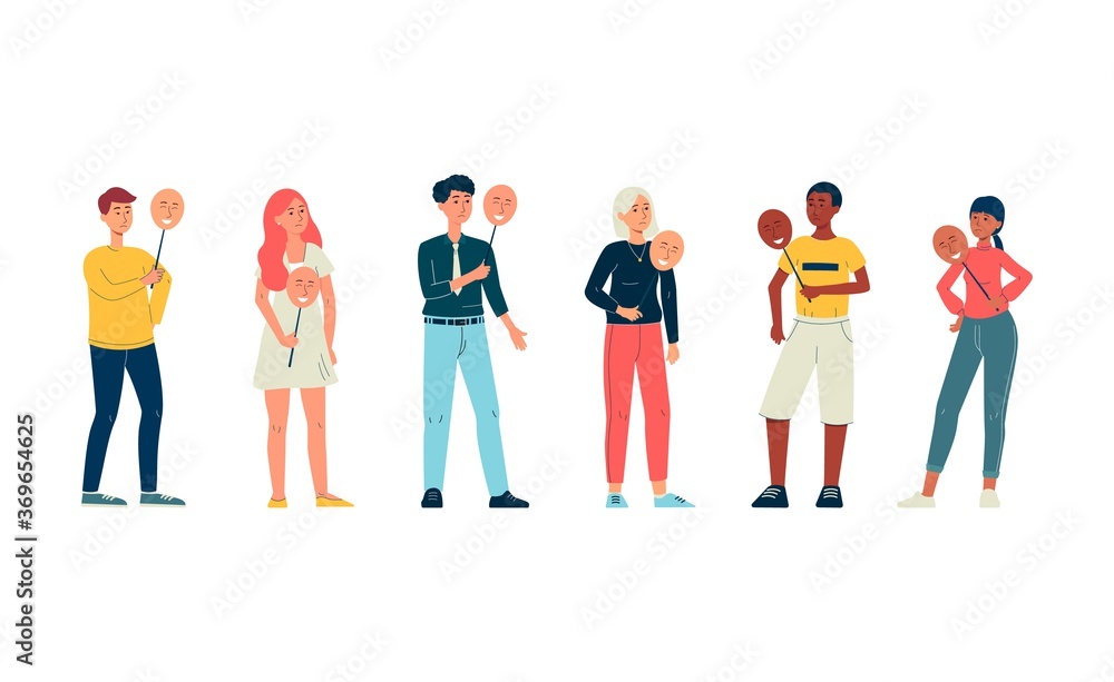 People characters group cover faces with mask, flat vector illustration isolated.