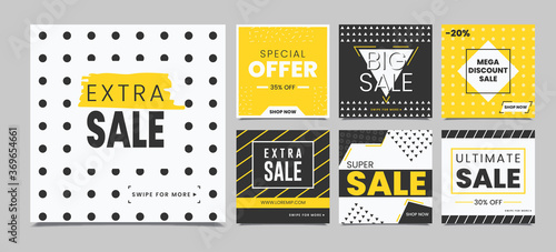 Modern Sales Banner For Social Media. set of Editable sale square banner template. Black and yellow background color with stripe line shape. Suitable for social media post, Instagram and web internet.
