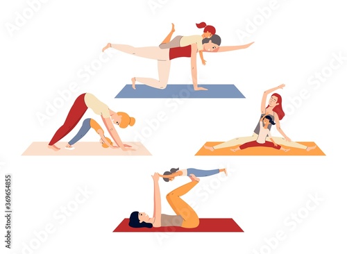 Set of mom and child practising postnatal yoga flat vector illustration isolated.