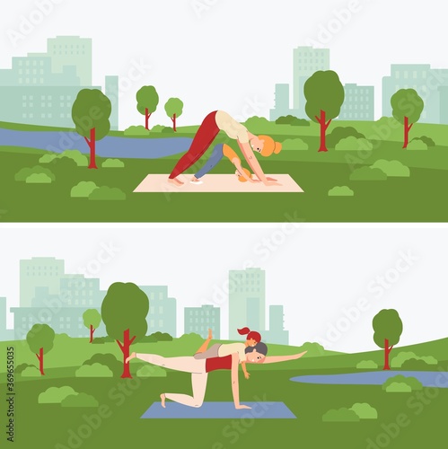 Yoga postnatal exercises banners set with mom and baby flat vector illustration.