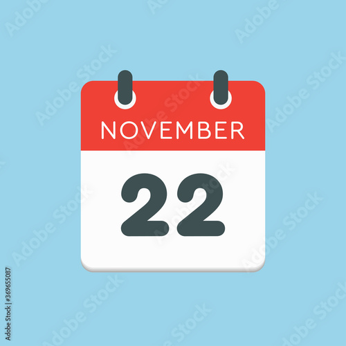 Calendar icon day 22 November, template icon day