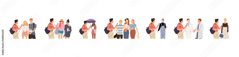 Journalists of news channels and radio stations are take interviewed. Characters interviewer and people. Vector illustration in flat cartoon style. Journalists of news channels and radio stations are take interviewed. Characters interviewer and people. Vector illustration in flat cartoon style.