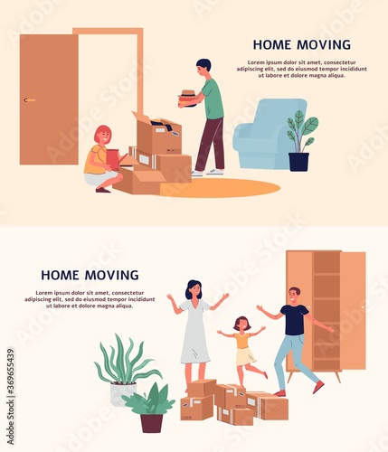 House moving and family relocation web banners set flat vector illustration.