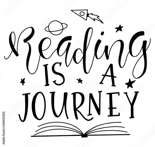Black calligraphy - reading is a journey - sketch book, stars, rocket and text, vector stock illustration. 