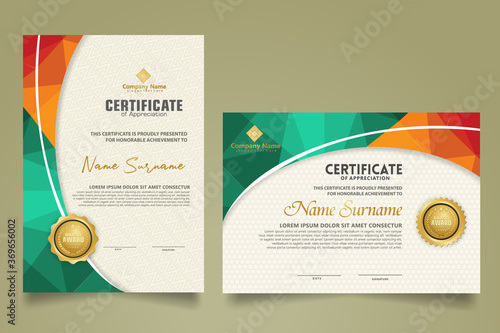 Set modern certificate template with triangle geometric polygon on circular lines ornate background