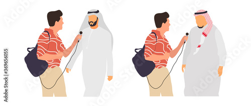 Journalists of news channels and radio stations are take interviewed. Characters interviewer and people. Vector illustration in flat cartoon style.