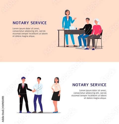 Notary service banner set with cartoon man and woman notaries