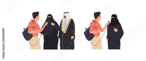 Journalists of news channels and radio stations are take interviewed. Characters interviewer and people. Vector illustration in flat cartoon style.