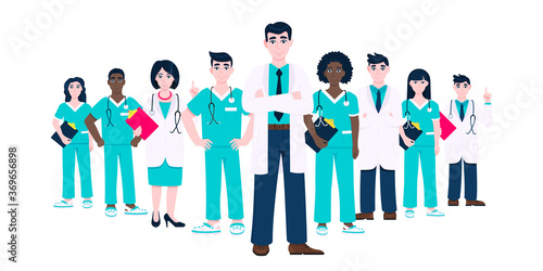 Medical staff doctors team with face masks clinic employee vector illustration isolated on white background. Hospital or medical clinic staff doctor, surgeon, nurse standing up with equipment.