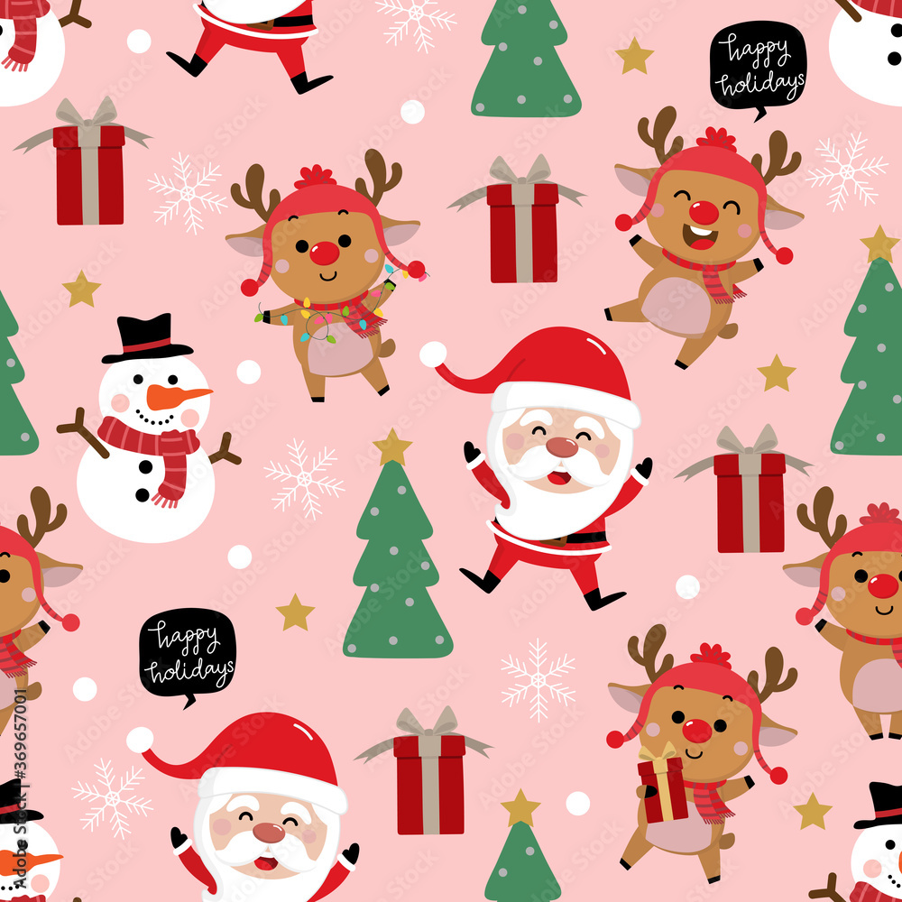 Cute Santa Claus, snowman, deer, gift, and Christmas tree seamless pattern. Cartoon holidays background. Cute Santa Claus, snowman, deer, gift, and Christmas tree seamless pattern. Cartoon holidays background.