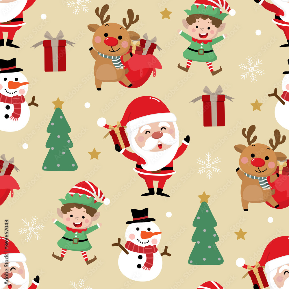 Cute Santa Claus, snowman, deer, gift, little elf and Christmas tree seamless pattern. Cartoon holidays background.