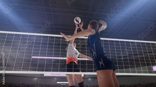 Foto Female professional volleyball players in action on 3d stadium.