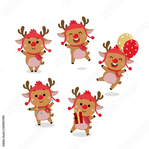 Cute deer, reindeer in winter costume with red gift. Merry Christmas and happy new year greeting card. Animal holidays cartoon character set.