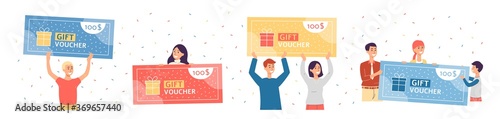 Banner with people winning gift voucher flat vector illustration isolated.