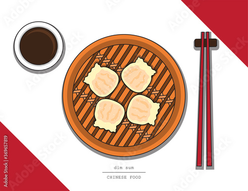 Illustration vector doodle style top view of Asian Chinese street food dished cuisine on table. Set of dim sum basket with dumpling shrimp with chopsticks and sauce