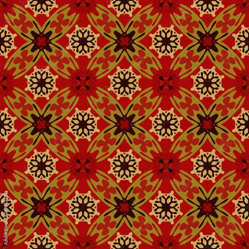 Style bright color seamless pattern in red, gold and black for decoration, paper wallpaper, tiles, textiles, neckerchief, pillows. Home decor, interior design, cloth design.