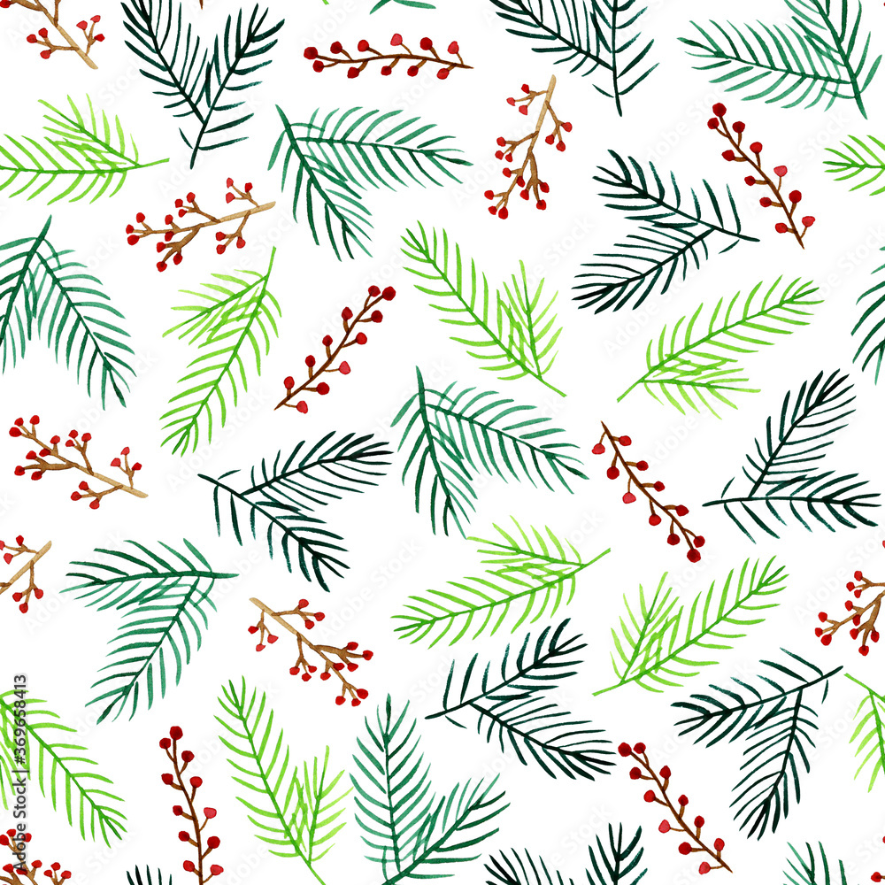 Watercolor seamless pattern with spruce branches and red berries. Hand drawing winter illustration. Endless print for wallpaper, wrapping paper, surface design, textile