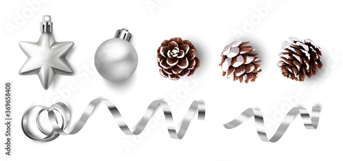 Christmas silver ball, star, cones and tinsel isolated on white. Set of New year decorations.Vector illustration