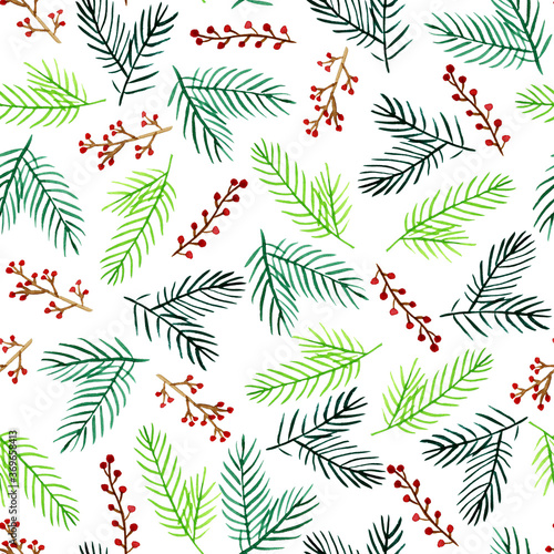 Watercolor seamless pattern with spruce branches and red berries. Hand drawing winter illustration. Endless print for wallpaper  wrapping paper  surface design  textile