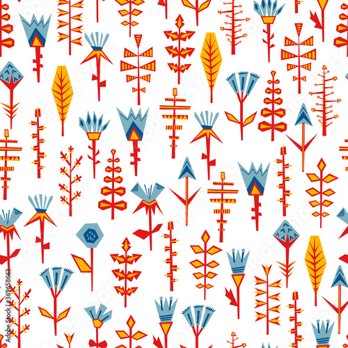 Bright colorfol pattern with different unusual plants. Hand drawn floral elements for wallpaper, wrapping paper, surface design