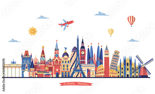 Europe skyline detailed silhouette. Travel and tourism background. Vector illustration