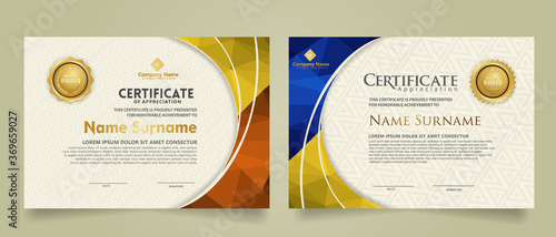Set modern certificate template with triangle geometric polygon on circular lines ornate background