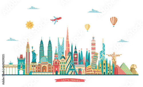 World famous monuments skyline. Travel and tourism background. Vector illustration 