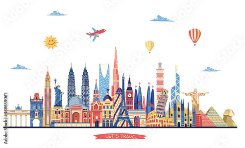 World famous monuments skyline. Travel and tourism background. Vector illustration 