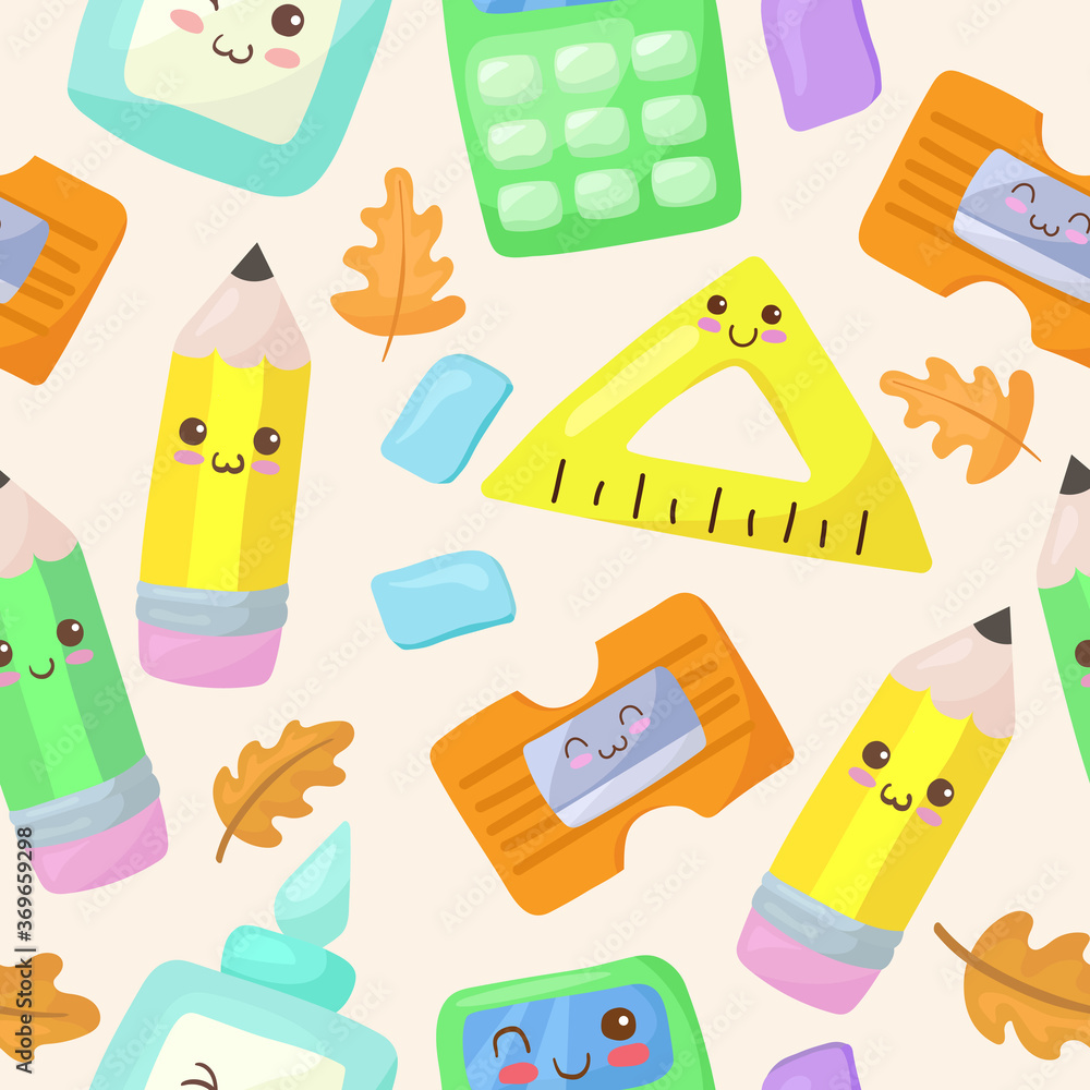 Kawaii cartoon school supplies characters seamless pattern. Vector illustration with cute pencils, sharpeners, glue, ruler, calculator, erasers & autumn leaves. Back to school funny background. 
