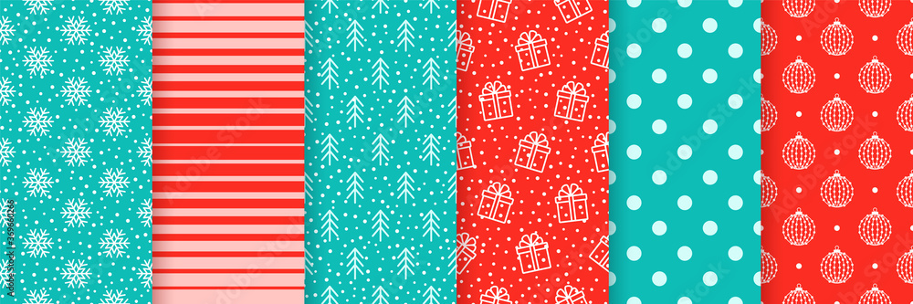 Christmas seamless backgrounds. Vector. Xmas New year pattern. Prints with snowflake, gift box, tree, stripes, ball and polka dot. Set festive textures. Holiday wrapping paper. Red blue illustration Christmas seamless backgrounds. Vector. Xmas New year pattern. Prints with snowflake, gift box, tree, stripes, ball and polka dot. Set festive textures. Holiday wrapping paper. Red blue illustration