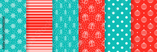 Christmas seamless backgrounds. Vector. Xmas New year pattern. Prints with snowflake, gift box, tree, stripes, ball and polka dot. Set festive textures. Holiday wrapping paper. Red blue illustration